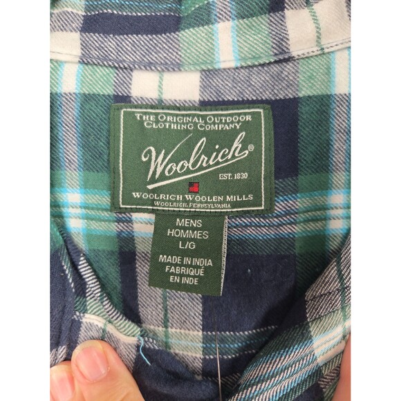 NEW Woolrich Midweight Flannel Shirt Blue Green Plaid Button Collar Men's Large - Picture 5 of 10